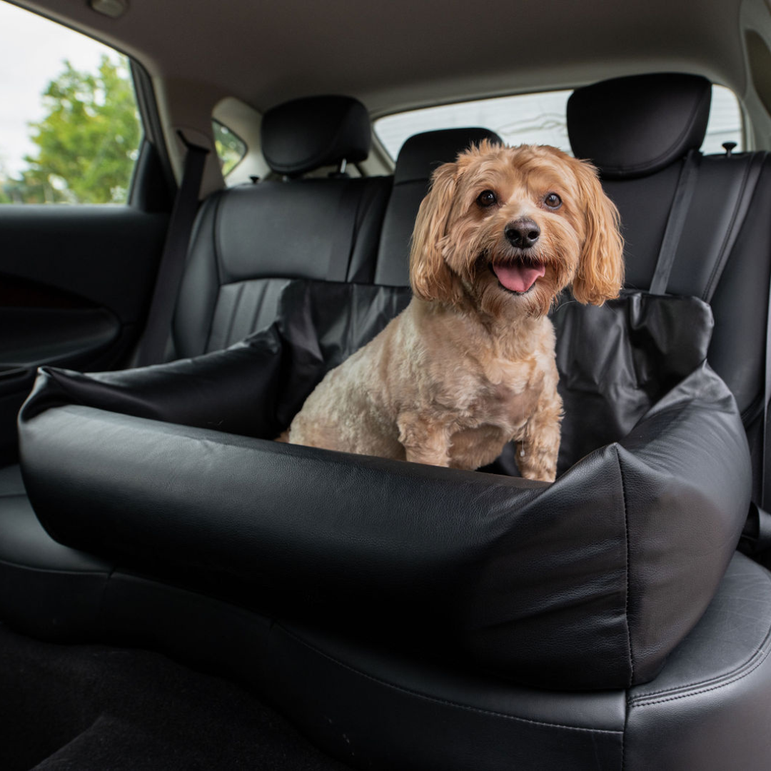 PupProtector™ Faux Cool-to-Touch Vegan Leather Memory Foam Dog Car Bed -  Black
