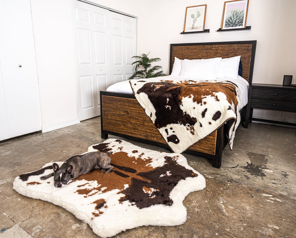PupRug® Memory Foam Bed + Matching Waterproof Blanket Bundle - Brown Faux Cowhide