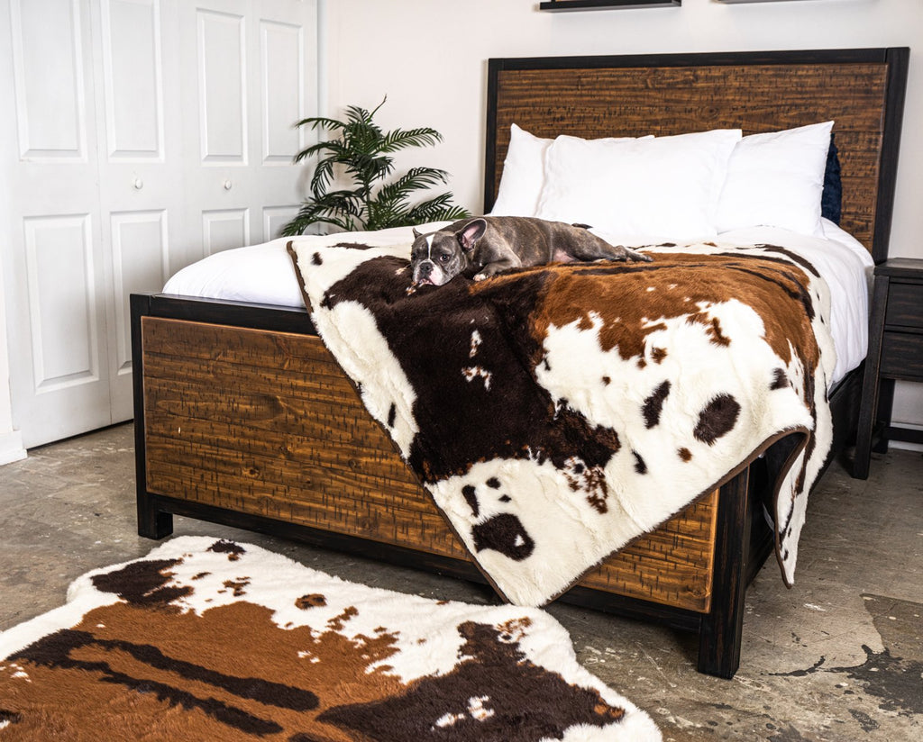 PupRug® Memory Foam Bed + Matching Waterproof Blanket Bundle - Brown Faux Cowhide