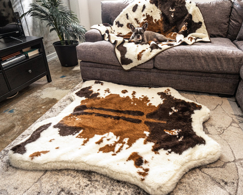 PupRug® Memory Foam Bed + Matching Waterproof Blanket Bundle - Brown Faux Cowhide