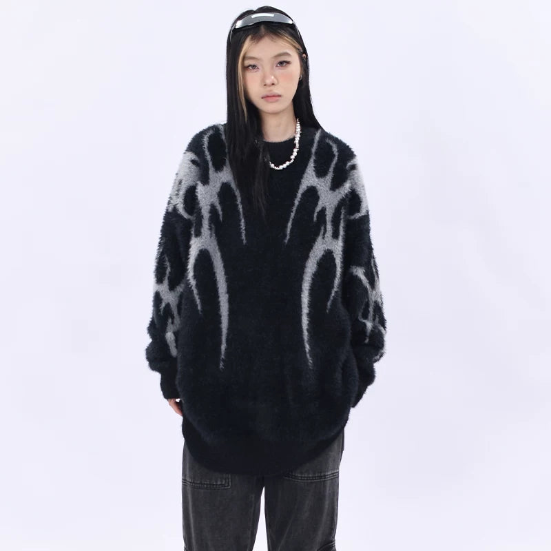 OV original autumn and winter high street retro jacquard design round neck sweater for men and women loose mohair lazy knit sweater trend