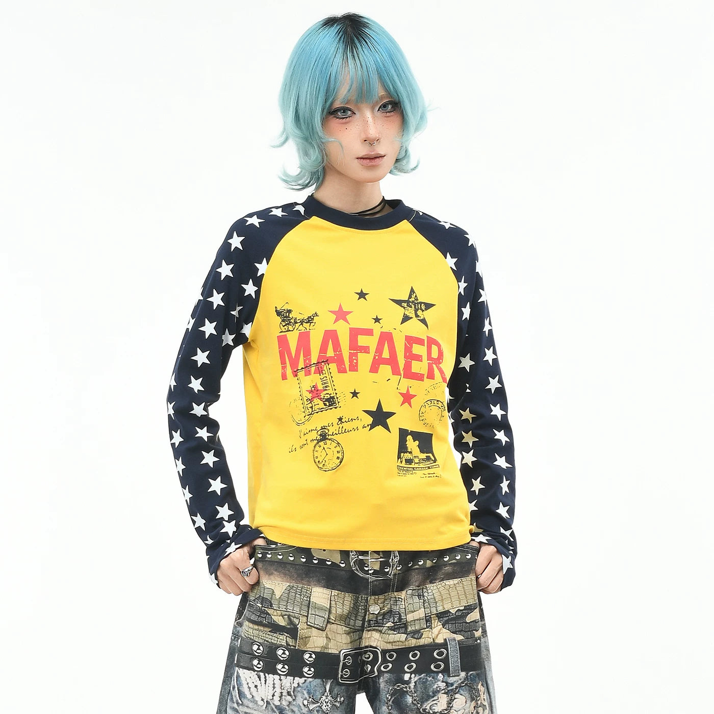 OV Original/American Trendy Brand Star Full Print Color Contrasting Long sleeved T-shirt for Women in Autumn, Slim fit Short, Cudgelet Top Trendy