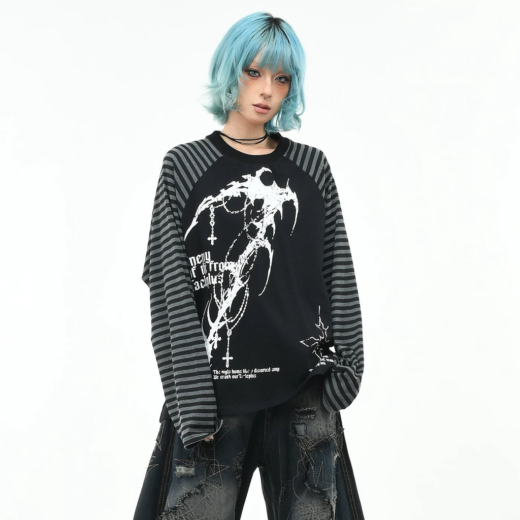 OV original/subculture Gothic style striped contrasting long sleeved T-shirt for men and women in autumn, loose dark raglan top
