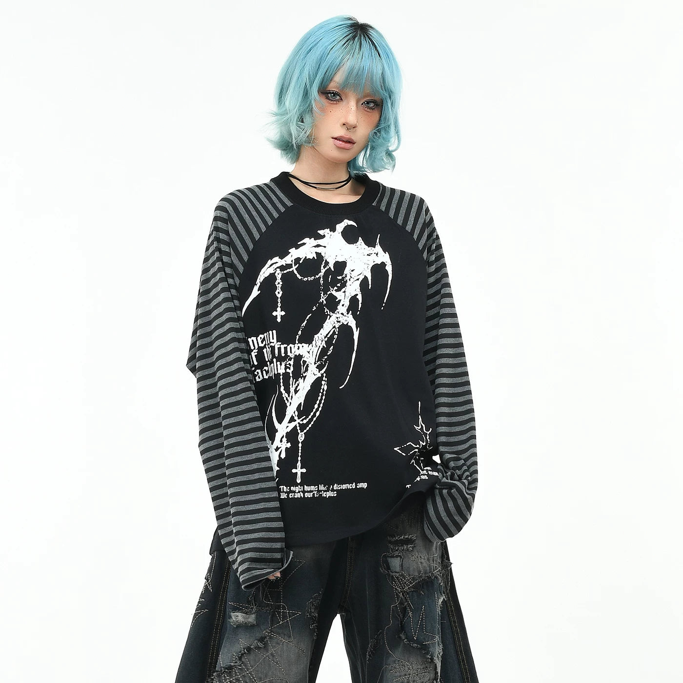 OV original/subculture Gothic style striped contrasting long sleeved T-shirt for men and women in autumn, loose dark raglan top