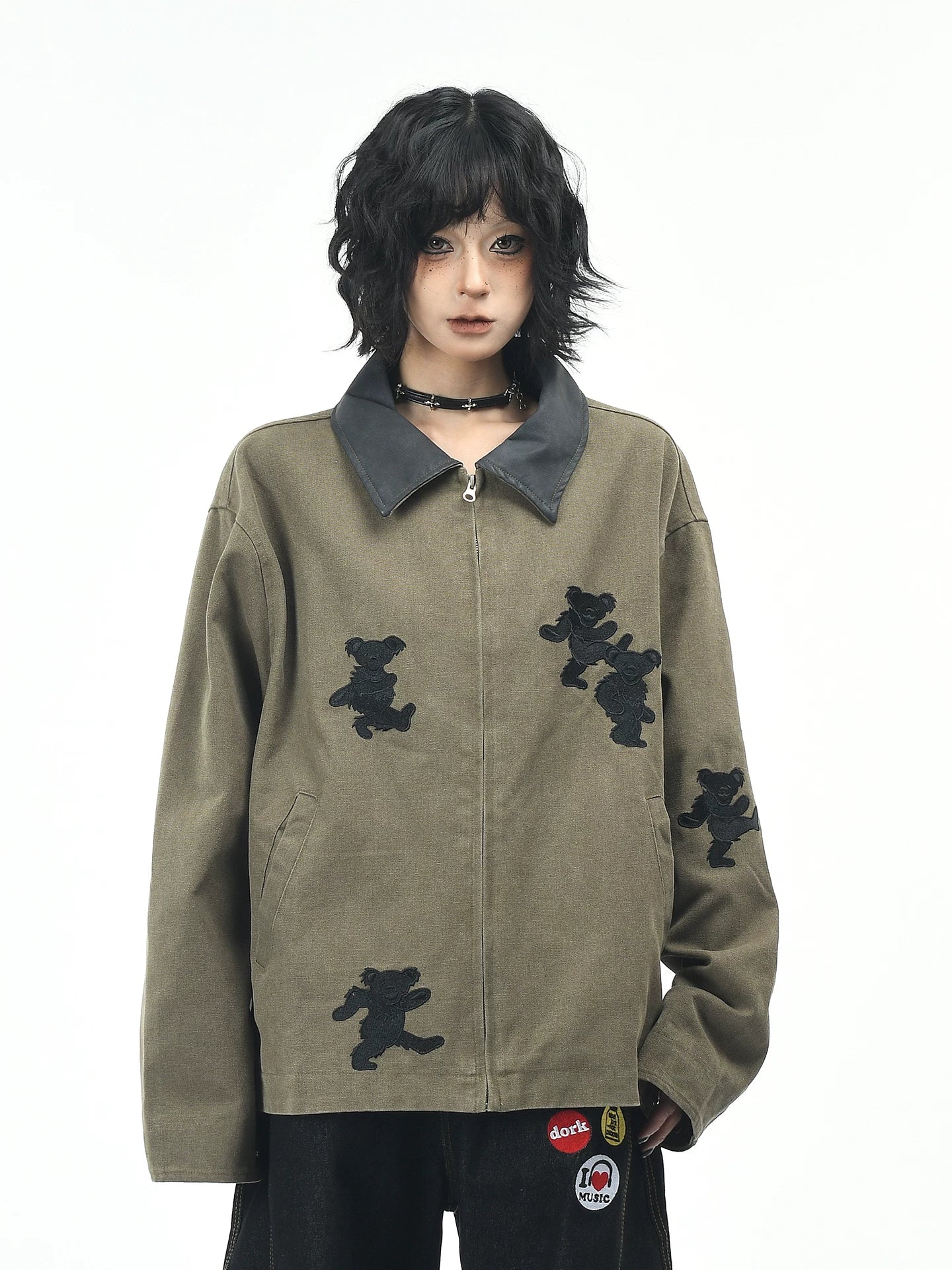 OV original American dance teddy bear embroidered washed workwear jacket for men and women, autumn loose casual lapel jacket trendy