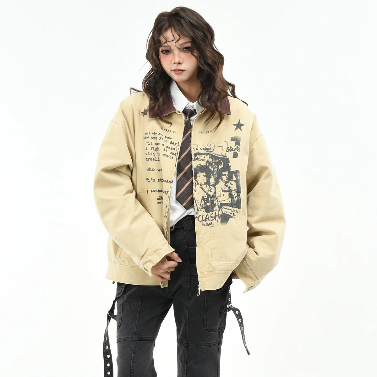 OV Original American Retro Character Printed Detroit Velvet Jacket Women's Winter Loose Vintage Warm Cotton Jacket Men