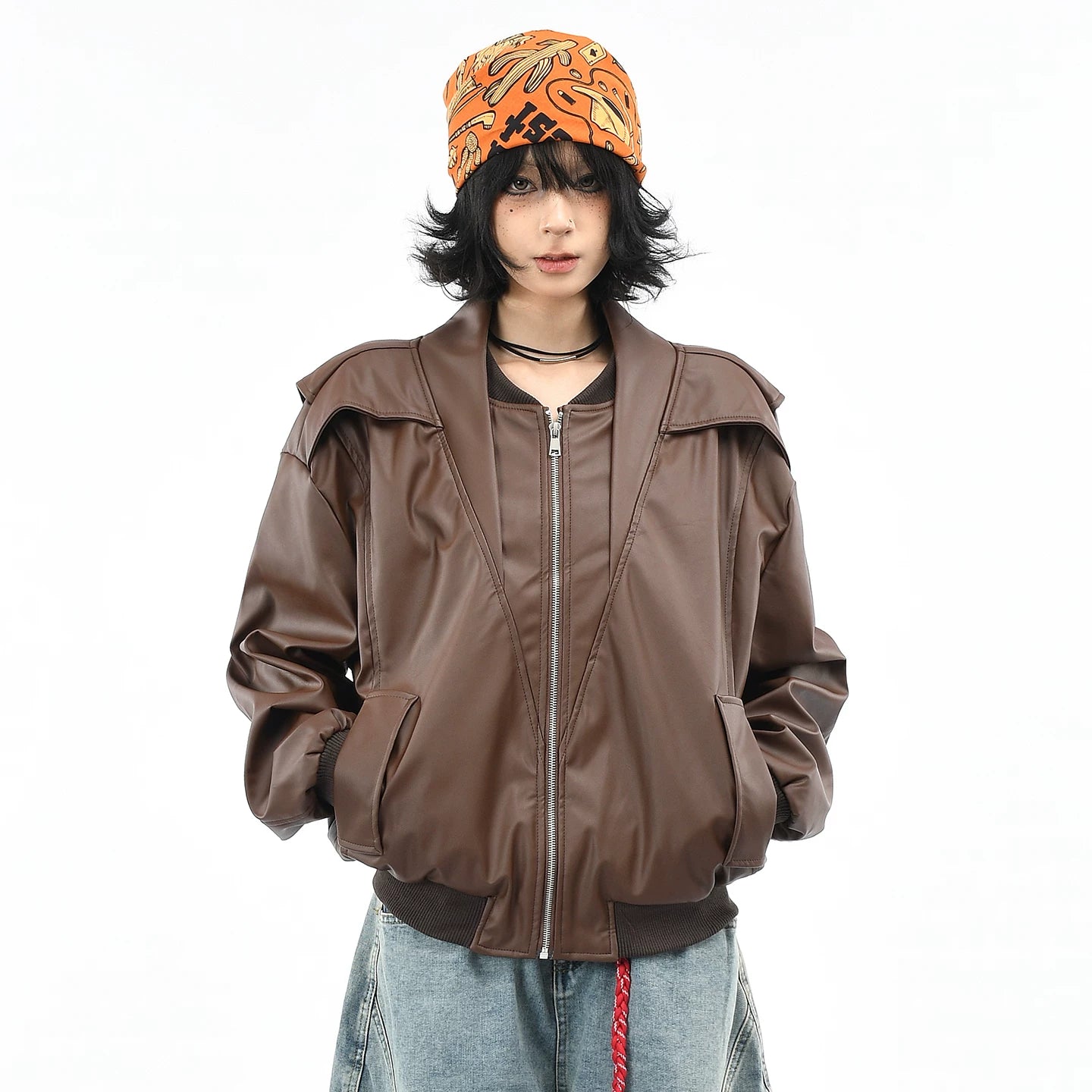 OV original American deconstruction splicing functional style PU leather jacket for women, autumn high-end feeling, wide loose neck jacket for men