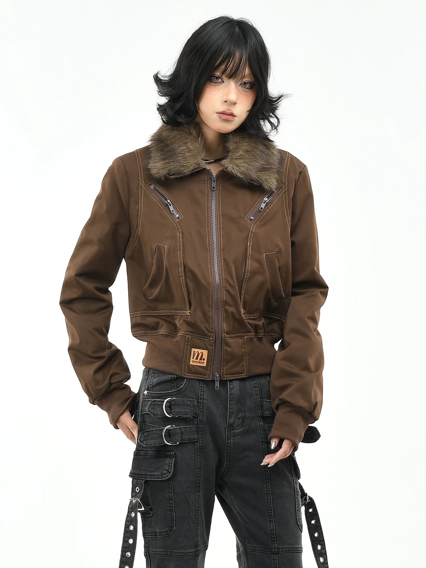 OV Original American Retro Bright Thread Design Warm Cotton Jacket for Women in Winter with Detachable Wool Collar, Short Cotton Jacket, Trendy