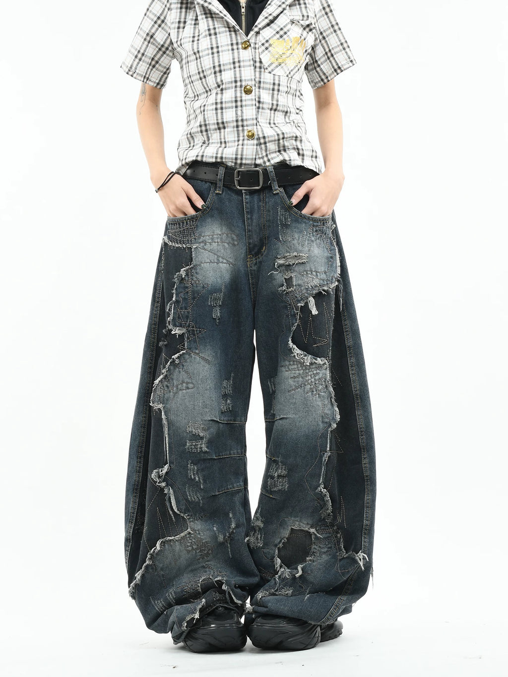 OV original American style random needle embroidery, vintage curved knife jeans, men's and women's destructive splicing, heavyweight loose wide leg pants