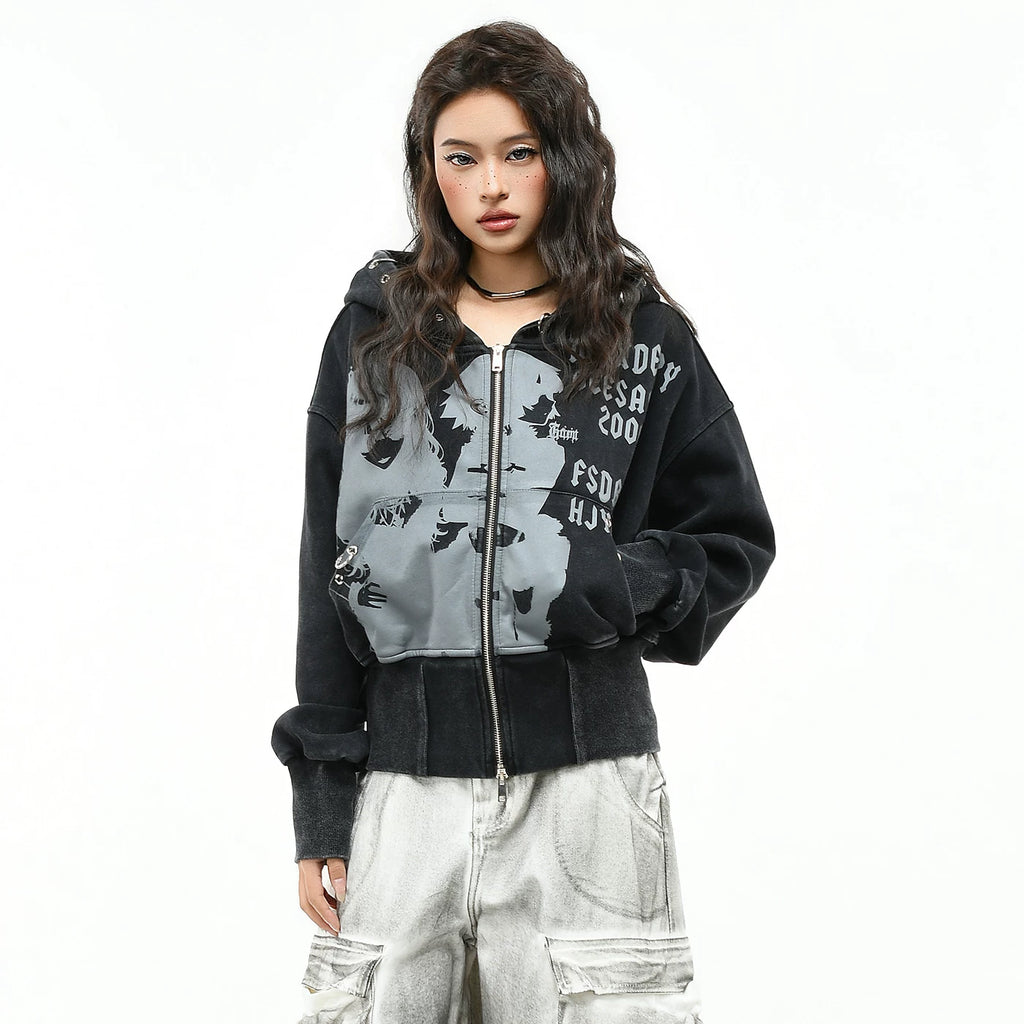 OV original subculture character print vintage hooded sweatshirt for women in autumn, loose short style, waist cinched cardigan jacket trend