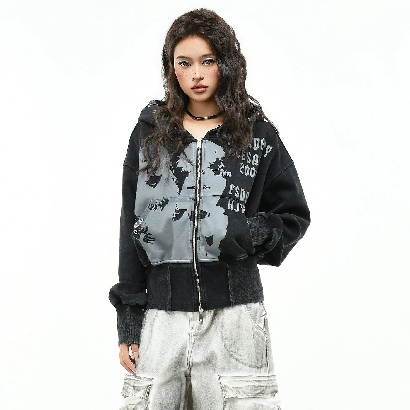 OV original subculture character print vintage hooded sweatshirt for women in autumn, loose short style, waist cinched cardigan jacket trend