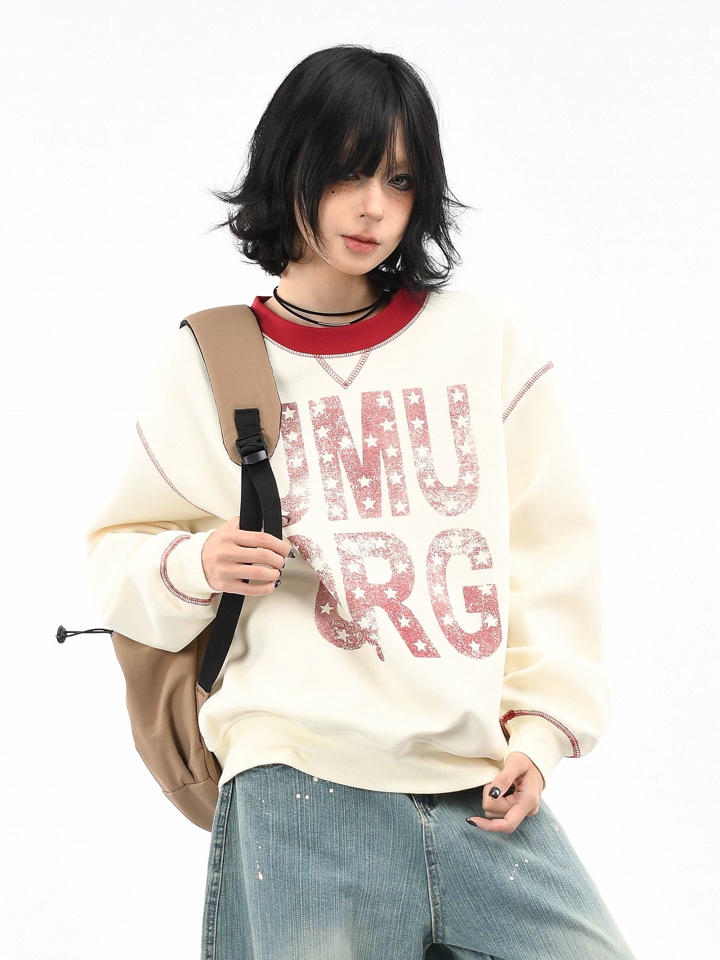 OV original American letter printed open line design round neck hoodie for men and women, autumn loose casual pullover top, trendy