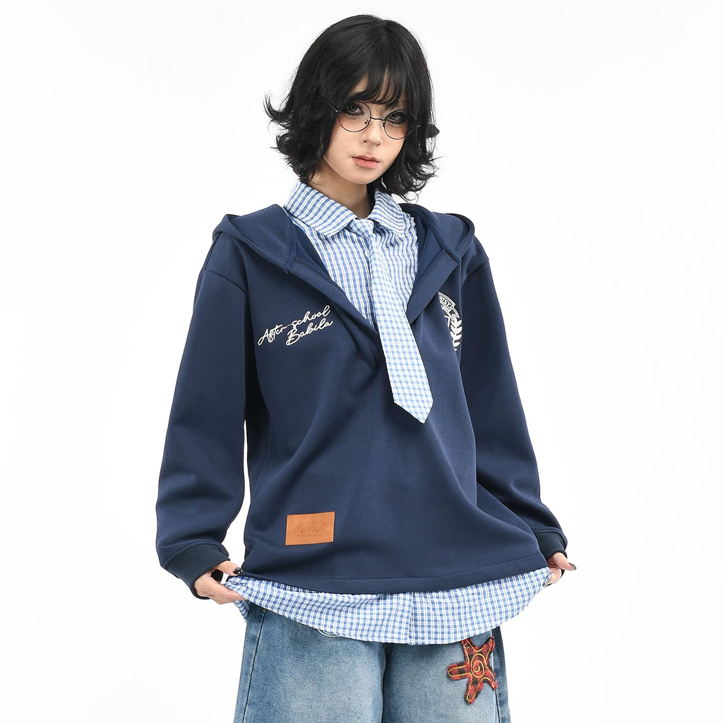OV original American plaid fake two-piece spliced tie hooded sweatshirt for men and women, autumn college style casual jacket trendy