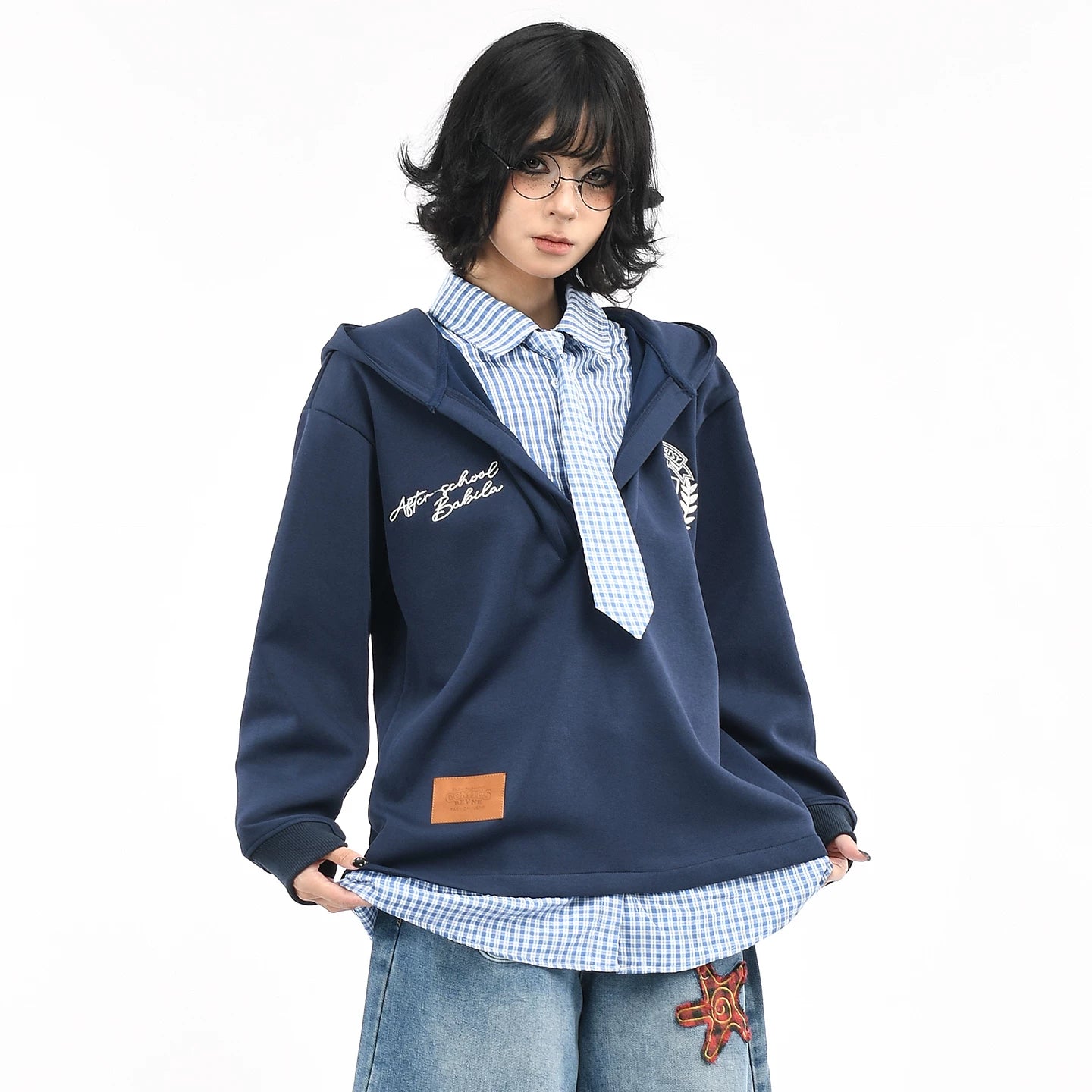 OV original American plaid fake two-piece spliced tie hooded sweatshirt for men and women, autumn college style casual jacket trendy