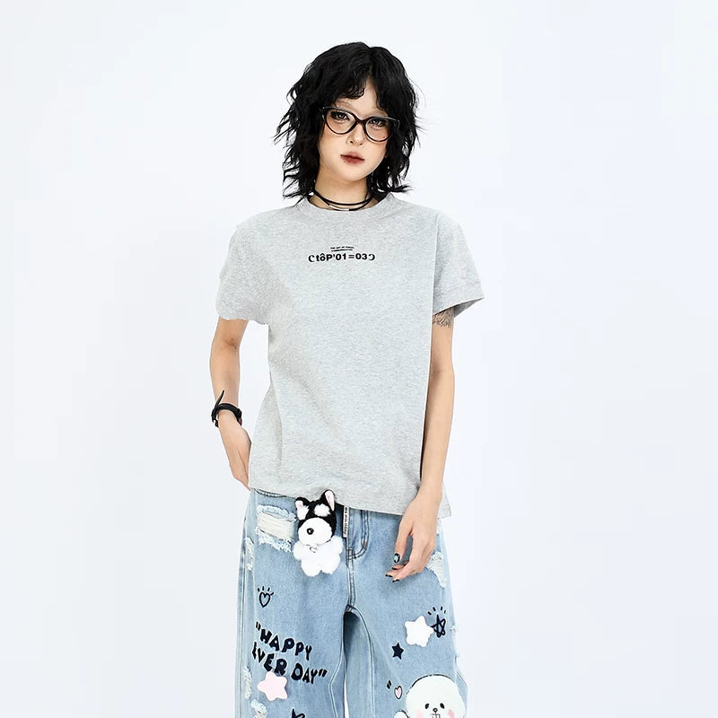 OV Original Summer American Simple Small Letter Printed Shoulder Short T-shirt for Spicy Women, Cool and Slim Short Sleeve Ins
