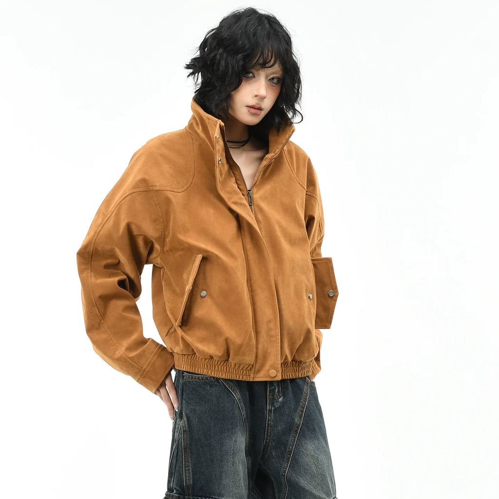 OV original American retro modern leather velvet silhouette warm jacket for women's winter loose short workwear cotton jacket