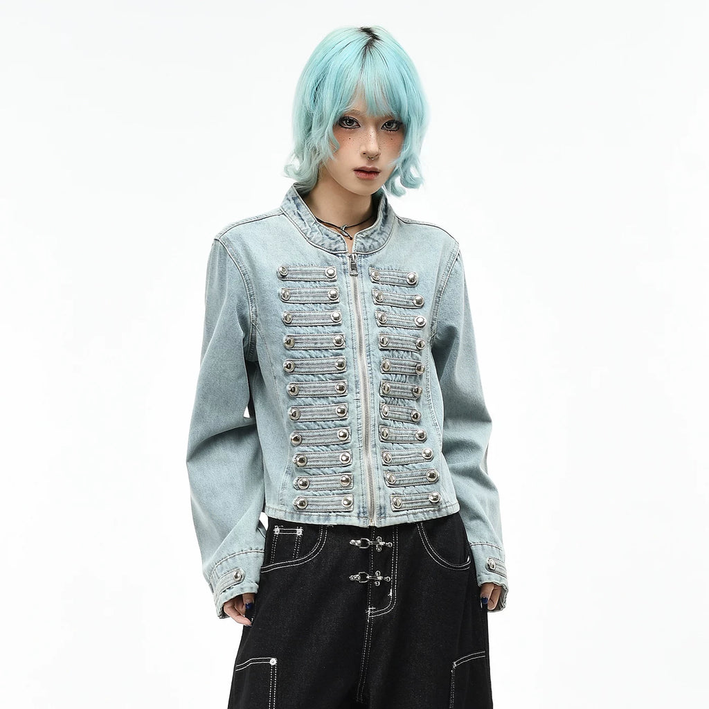 OV original high street Napoleon washed vintage denim jacket for women's autumn slim fit short style breasted stand up collar jacket trend