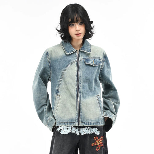 OV original American deconstruction splicing washed denim jacket for women's autumn street loose casual short jacket