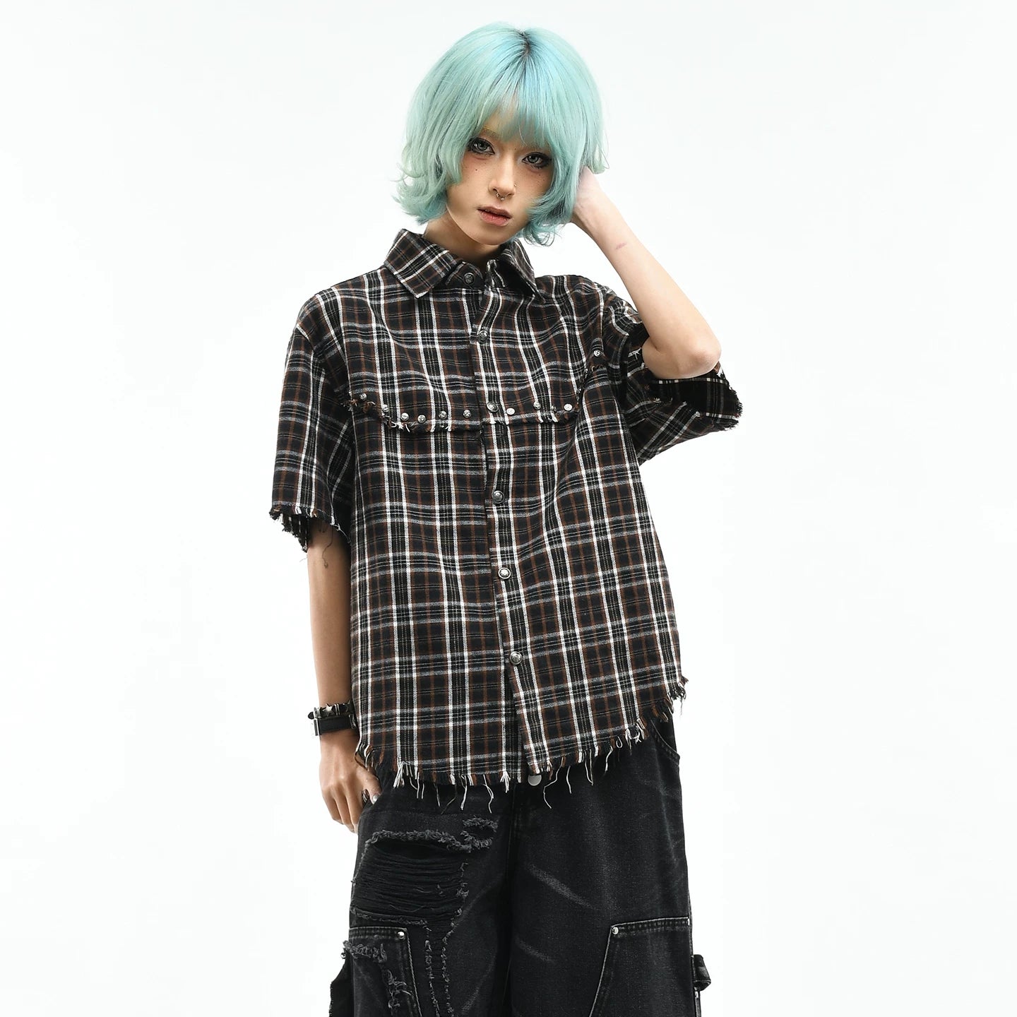 OV original American retro checkered contrasting rivet short sleeved shirt for women in summer, loose short cut with fringed edges, men's trendy shirt