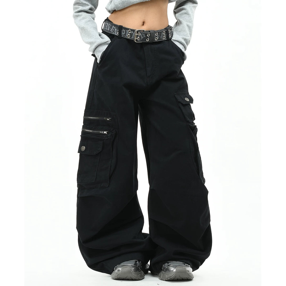 OV original American high street zipper multi pocket washed work pants for men and women, loose straight leg pleated casual pants, trendy