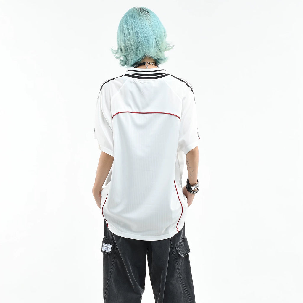 OV original American retro contrasting color jersey sports short sleeved T-shirt women's summer loose V-neck casual couple top men
