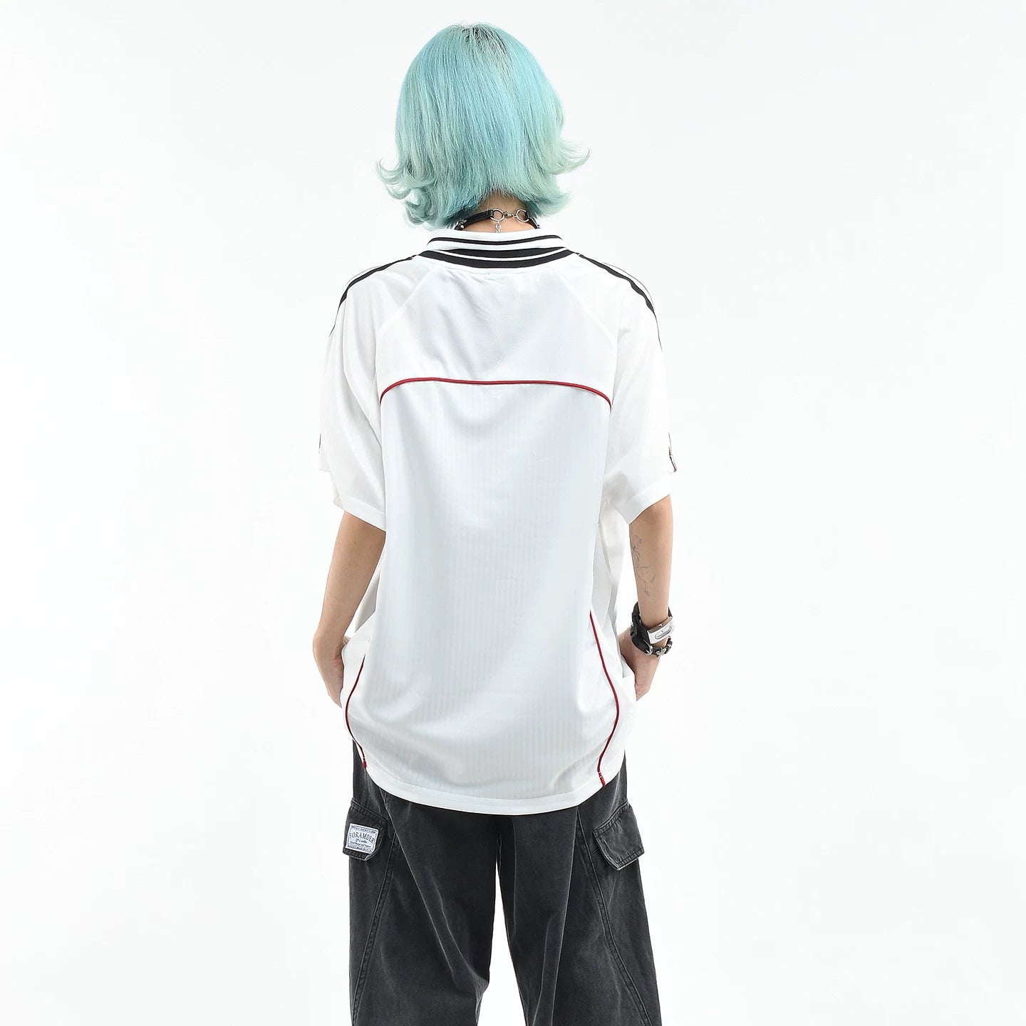 OV original American retro contrasting color jersey sports short sleeved T-shirt women's summer loose V-neck casual couple top men