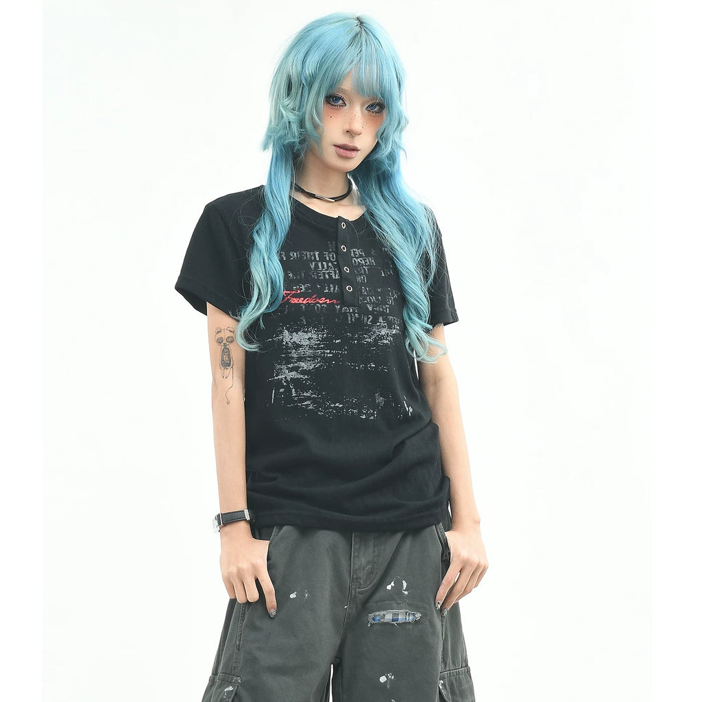 OV original/light Asian style letter graffiti shoulder short sleeved T-shirt for women's summer slim fit short style Henry collar American top