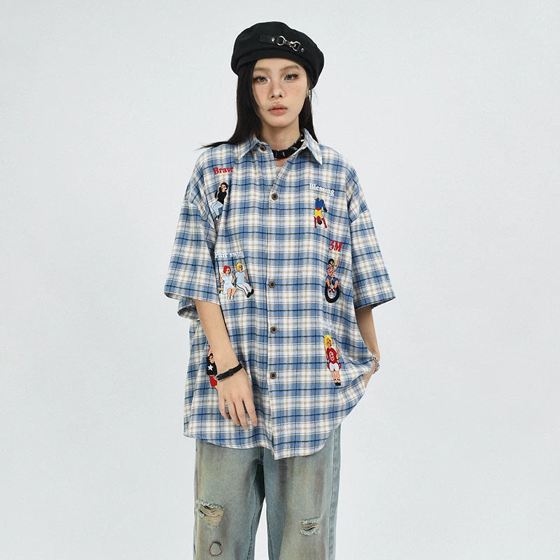 OV original summer American retro checkered cartoon embroidered short sleeved shirt for men and women, niche loose and versatile shirt trend
