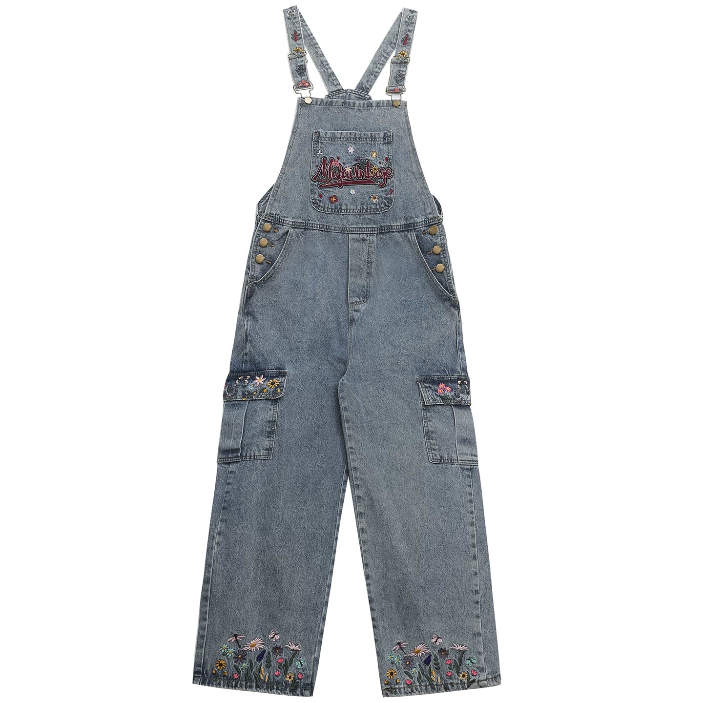 OV original American floral embroidery washed denim overalls for women, retro loose wide leg workwear pants for men