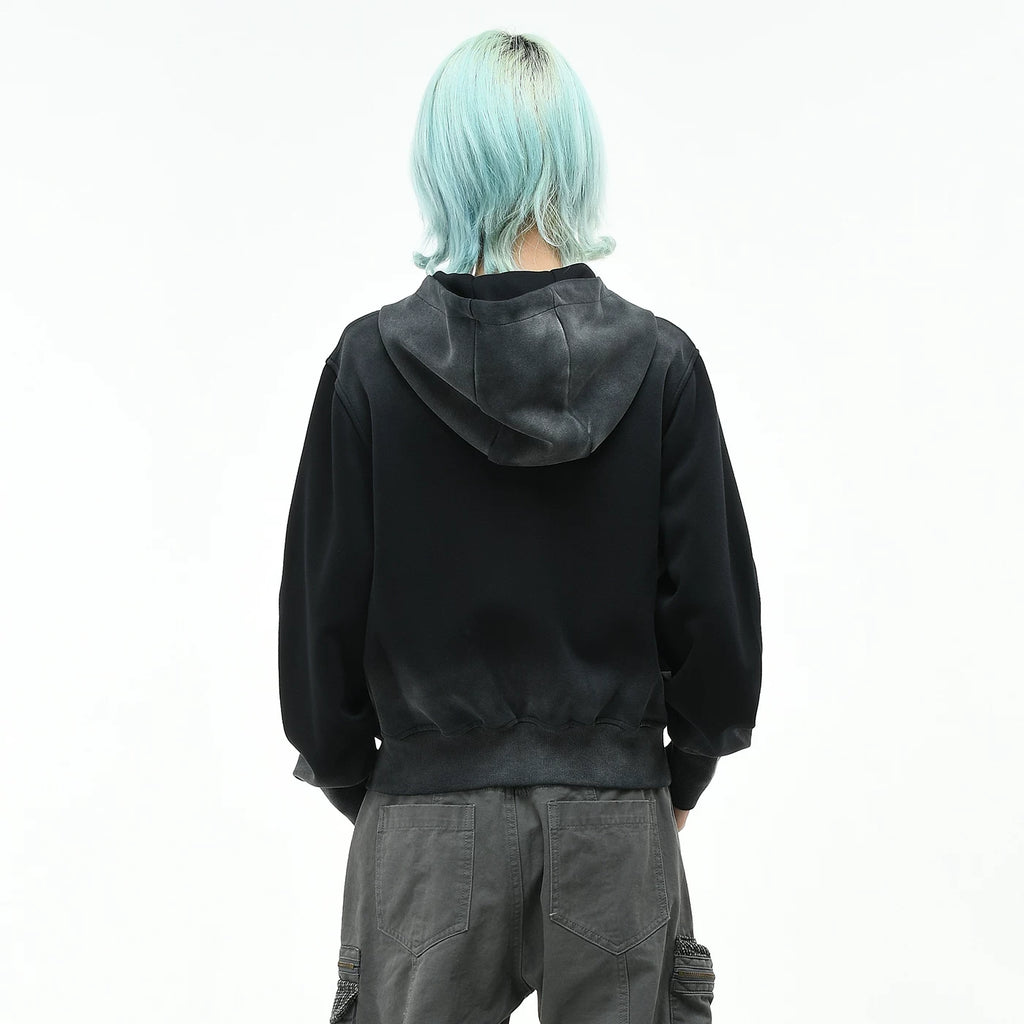 OV original retro star print dirty dye vintage hooded sweatshirt women's autumn short zipper cardigan trendy brand jacket