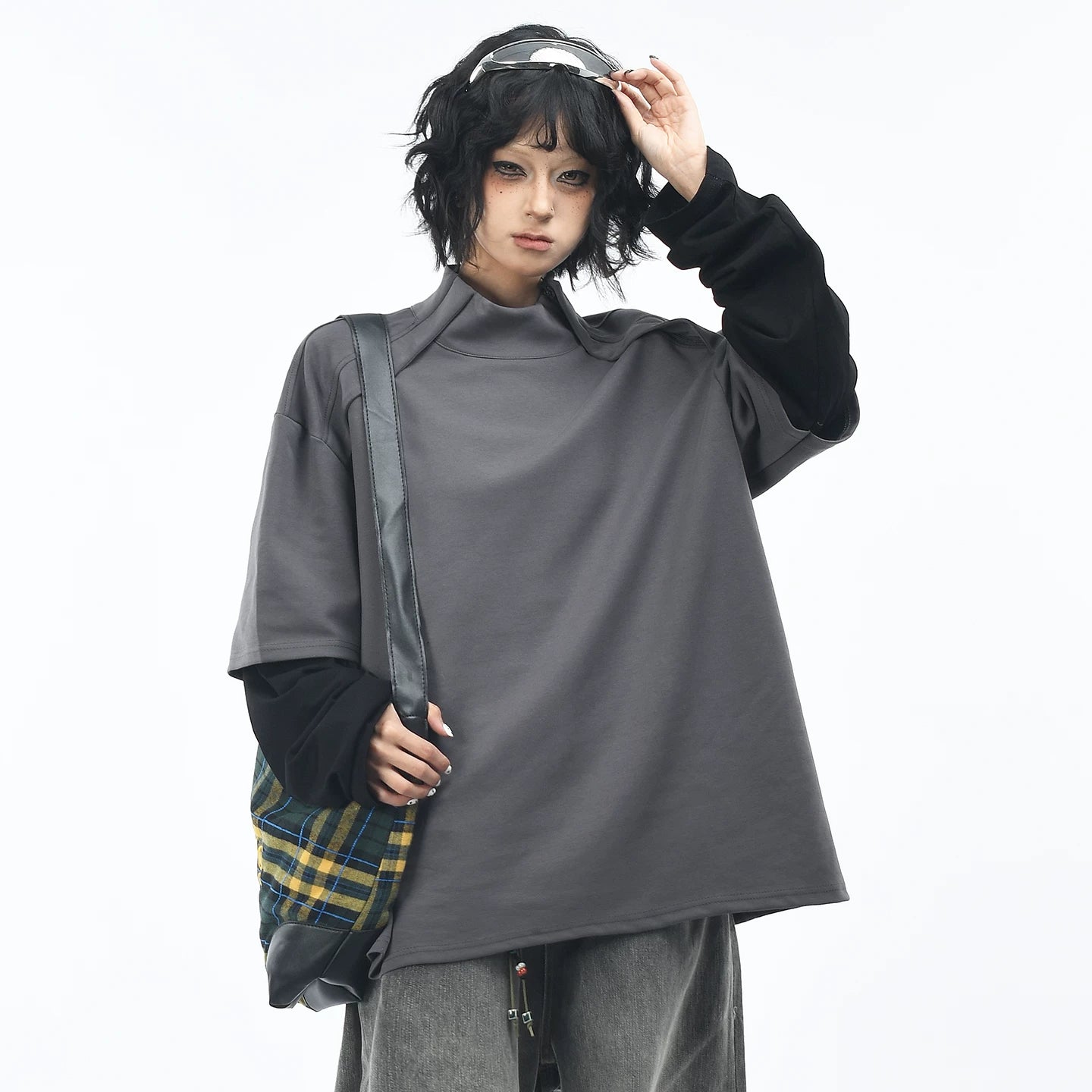 OV original/American retro fake two-piece spliced long sleeved T-shirt for men and women in autumn, loose half neck base shirt top