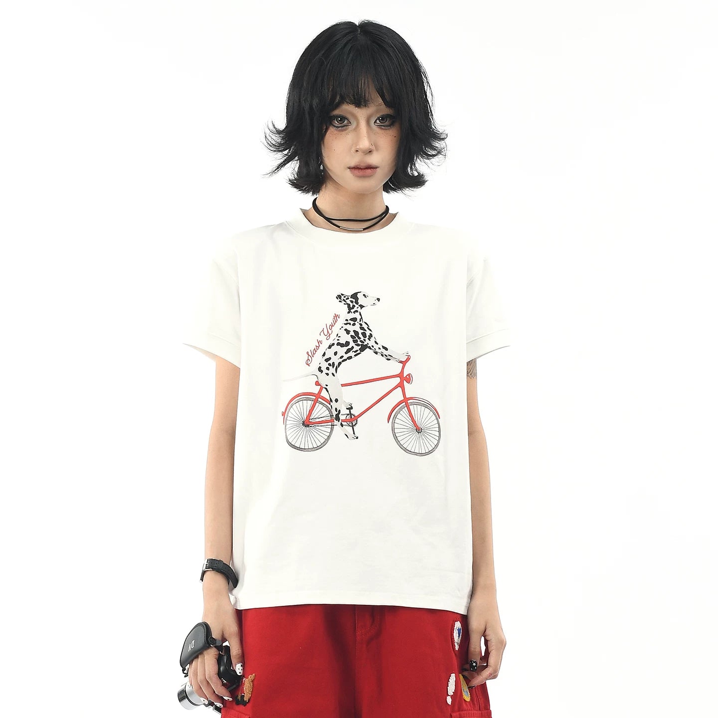 OV Original/American Fun Dog Cycling Summer Versatile Short sleeved T-shirt Women's Slim fit Shoulder Short Casual Top