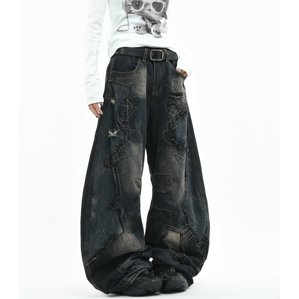 OV original American style random needle embroidery, vintage curved knife jeans, men's and women's destructive splicing, heavyweight loose wide leg pants
