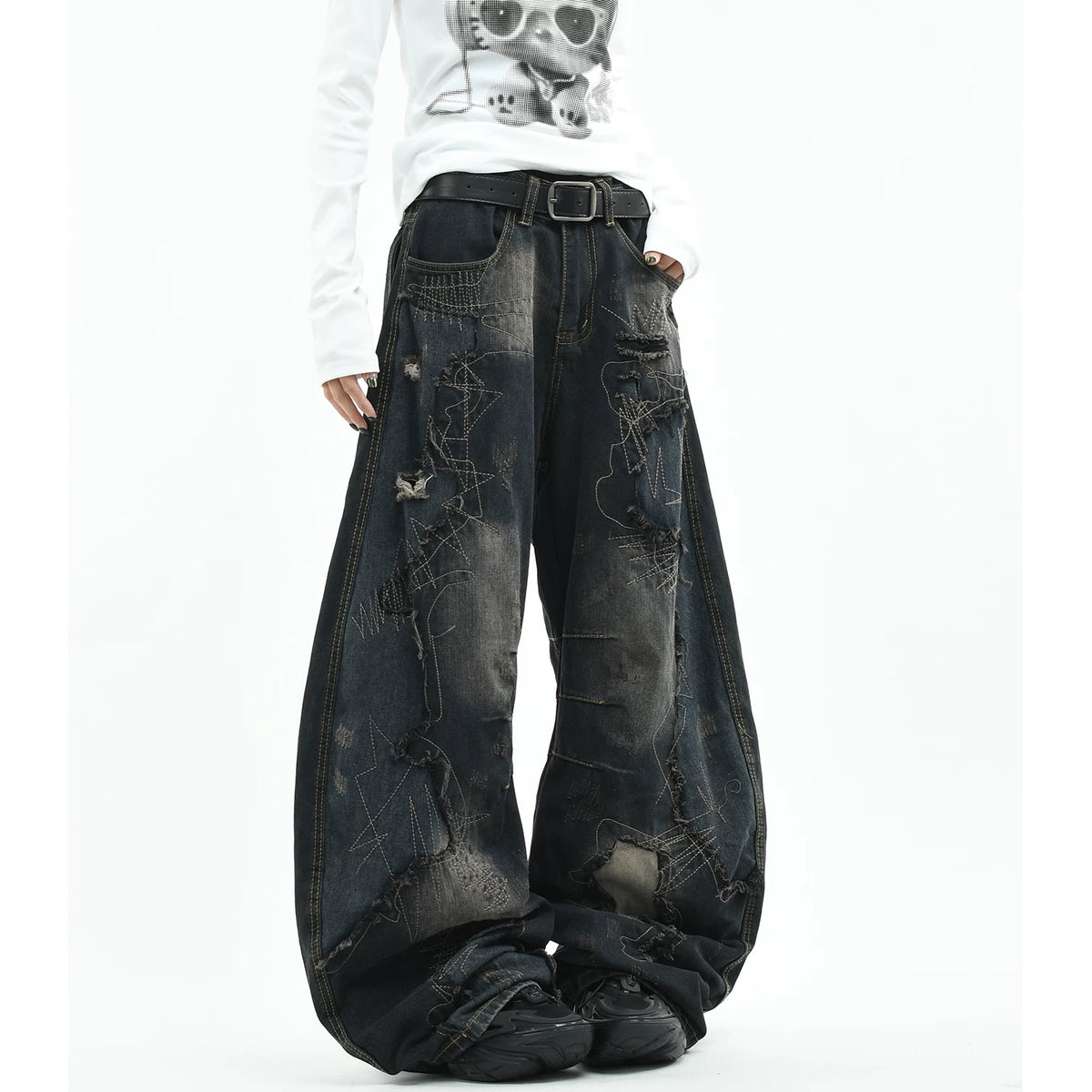 OV original American style random needle embroidery, vintage curved knife jeans, men's and women's destructive splicing, heavyweight loose wide leg pants