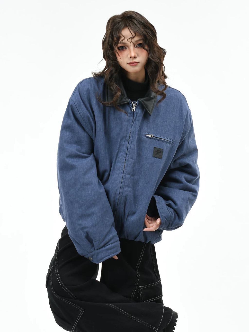 OV原创美式巴恩风皮领夹棉加厚外套女冬季宽松保暖复古棉衣棉服男