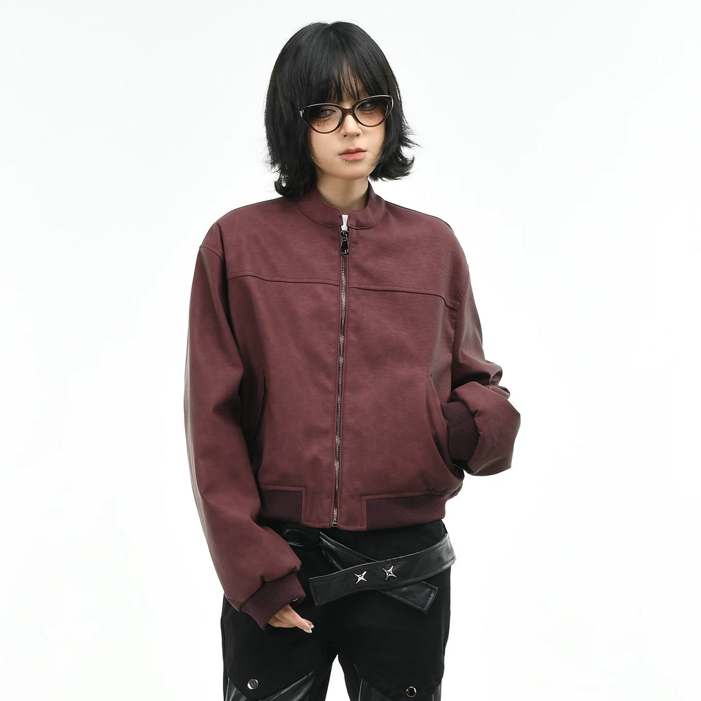 OV original American racing style short PU leather jacket, women's autumn trendy brand loose slimming stand up collar jacket top