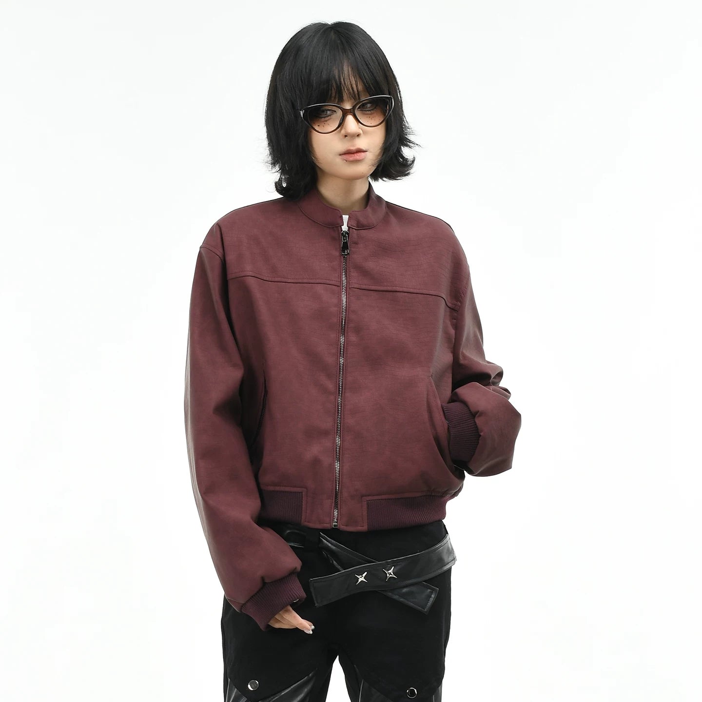 OV original American racing style short PU leather jacket, women's autumn trendy brand loose slimming stand up collar jacket top