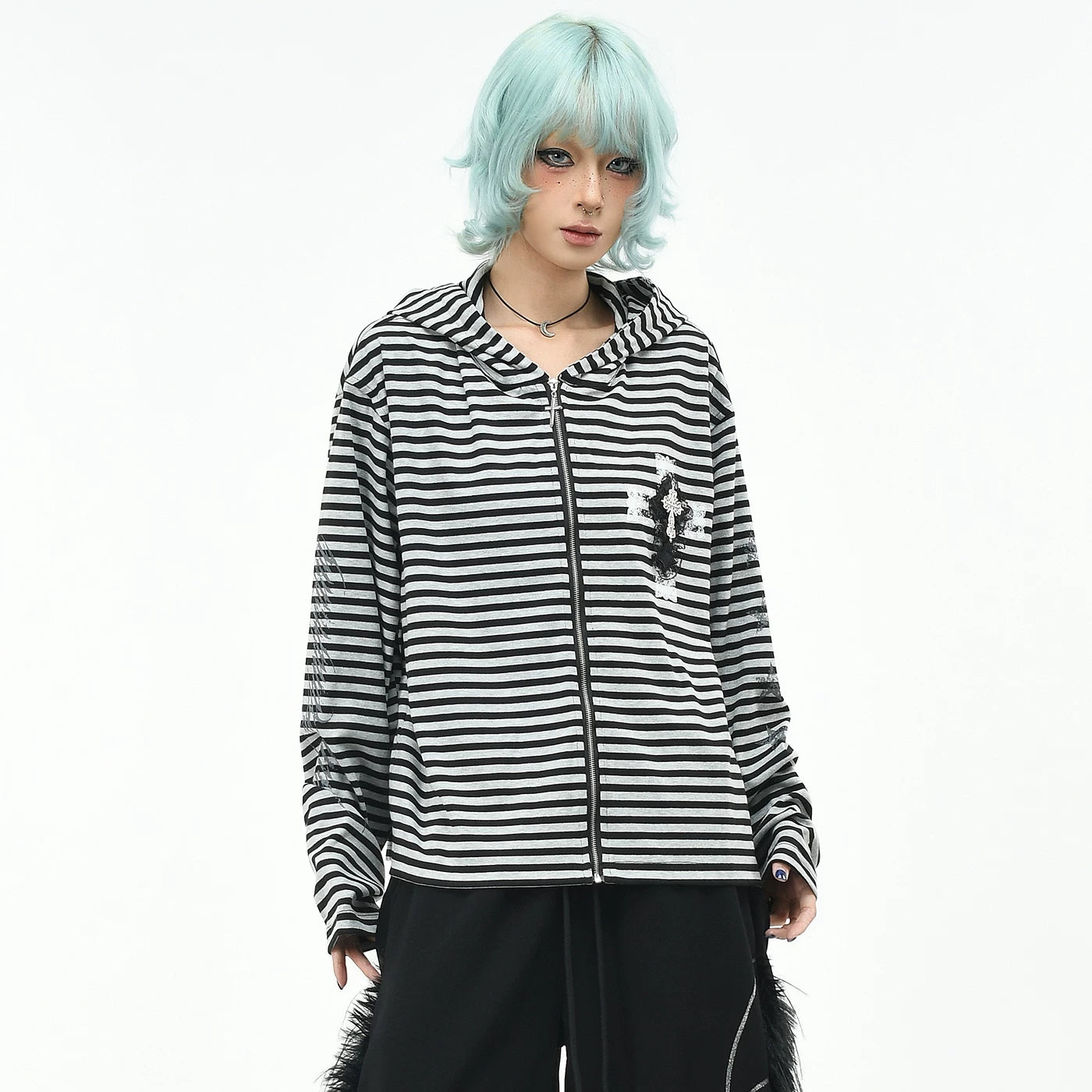 OV original light Asian style striped cross hooded sweatshirt for men and women autumn loose short Gothic cardigan jacket trendy