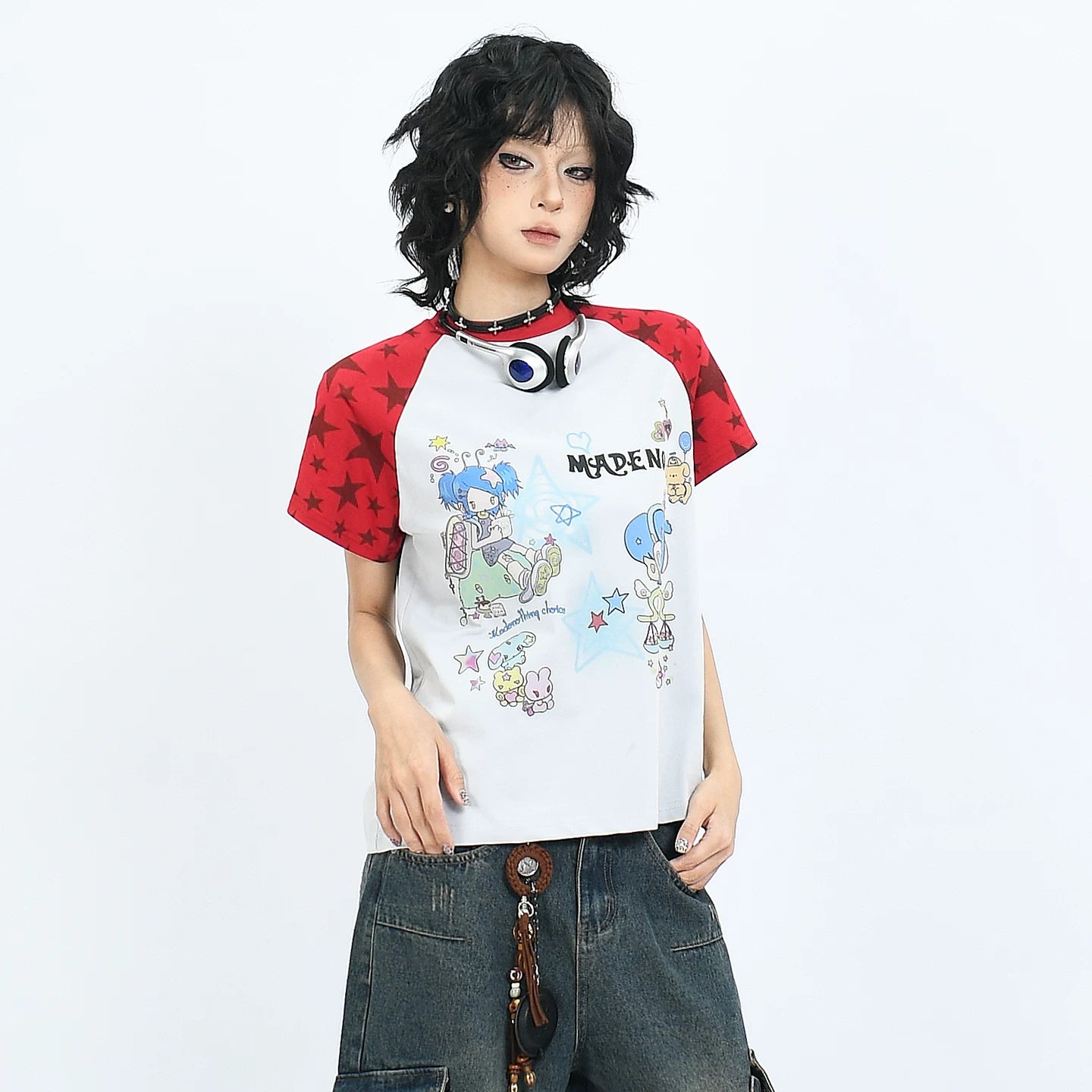 OV original American fun cartoon printed shoulder short sleeved T-shirt for women y2k with raglan sleeves and contrasting color short summer top