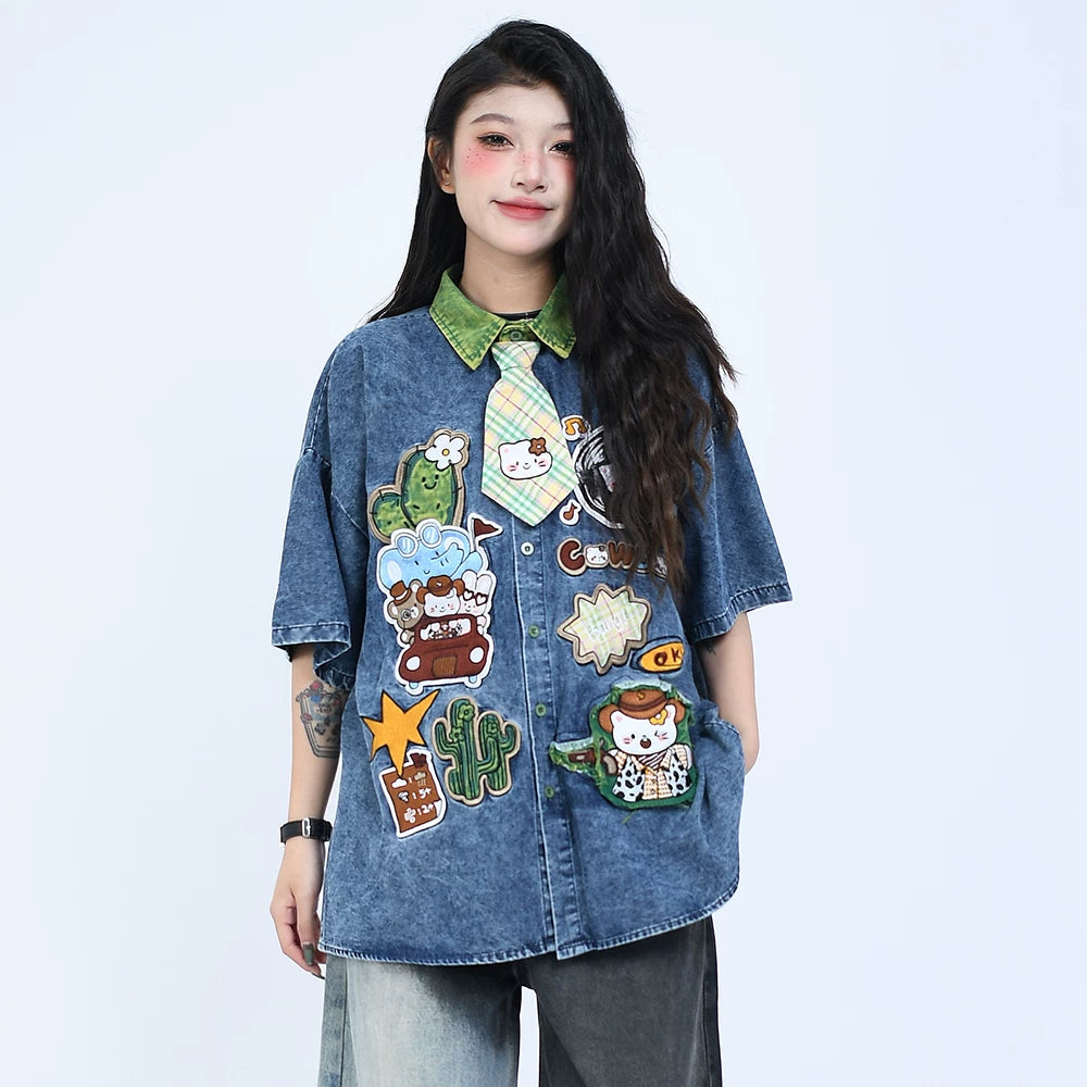 OV original summer cartoon sticker embroidery distressed washed denim shirt men's and women's loose short sleeved tie shirt trend