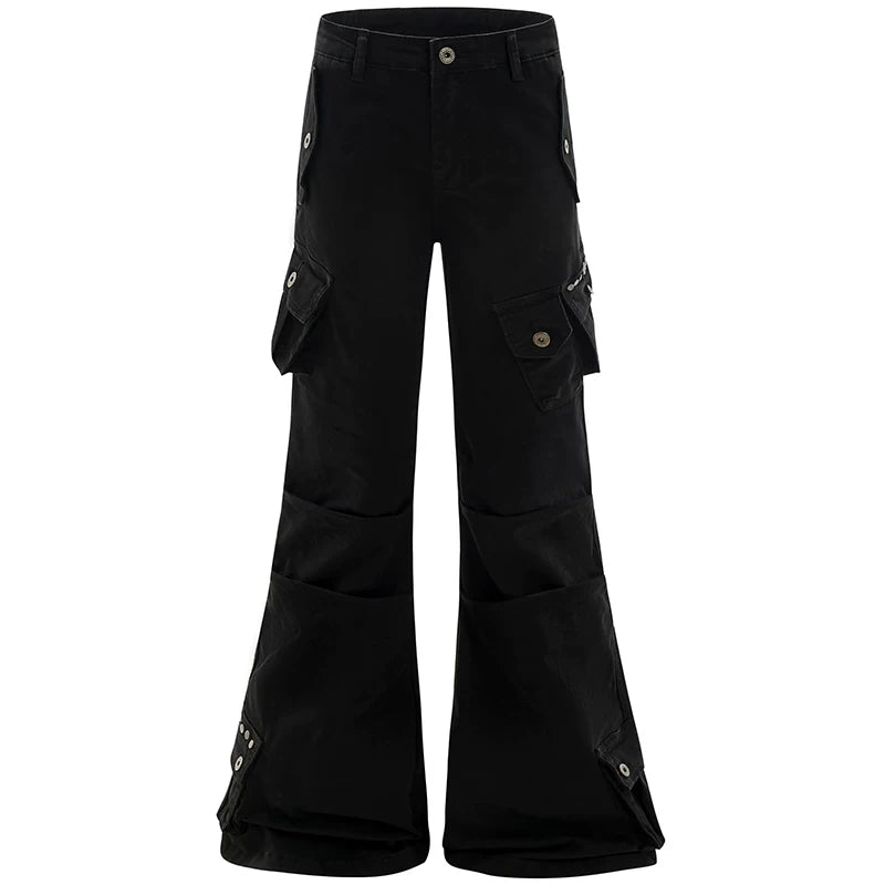 OV original American punk subculture multi pocket work pants with rivet design for men and women, slim fit micro flared pants, trendy