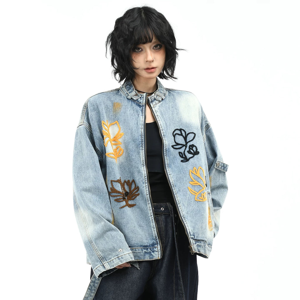 OV原创美式复古花卉刺绣水洗牛仔外套男女秋季街头宽松翻领夹克潮