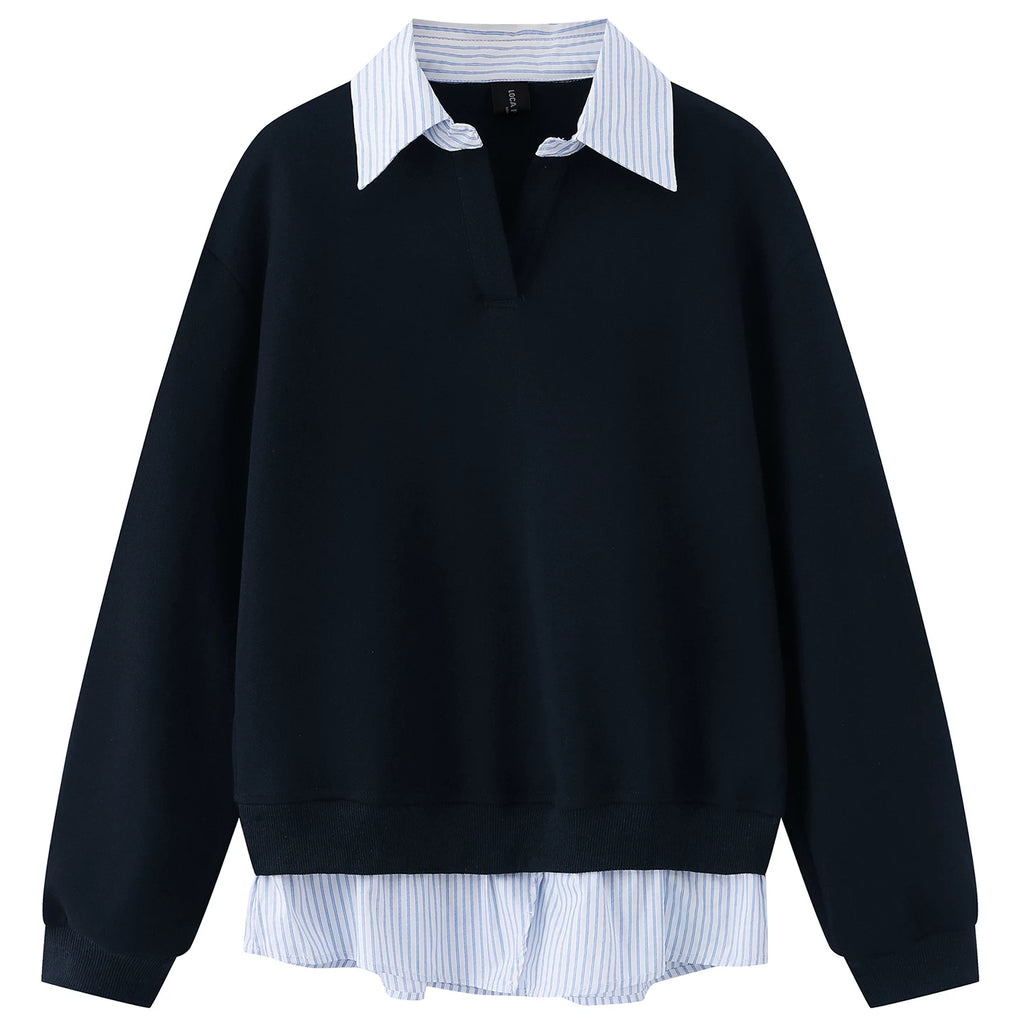 OV original American college style fake two-piece striped patchwork lapel sweatshirt for women's autumn loose casual long sleeved top