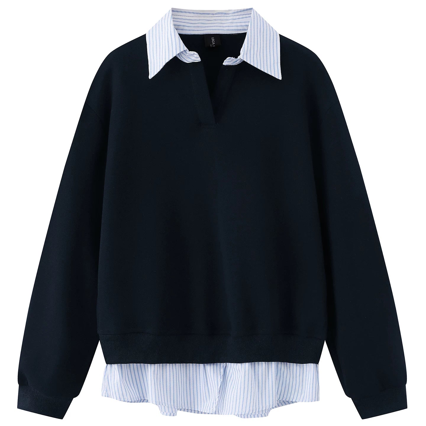OV original American college style fake two-piece striped patchwork lapel sweatshirt for women's autumn loose casual long sleeved top
