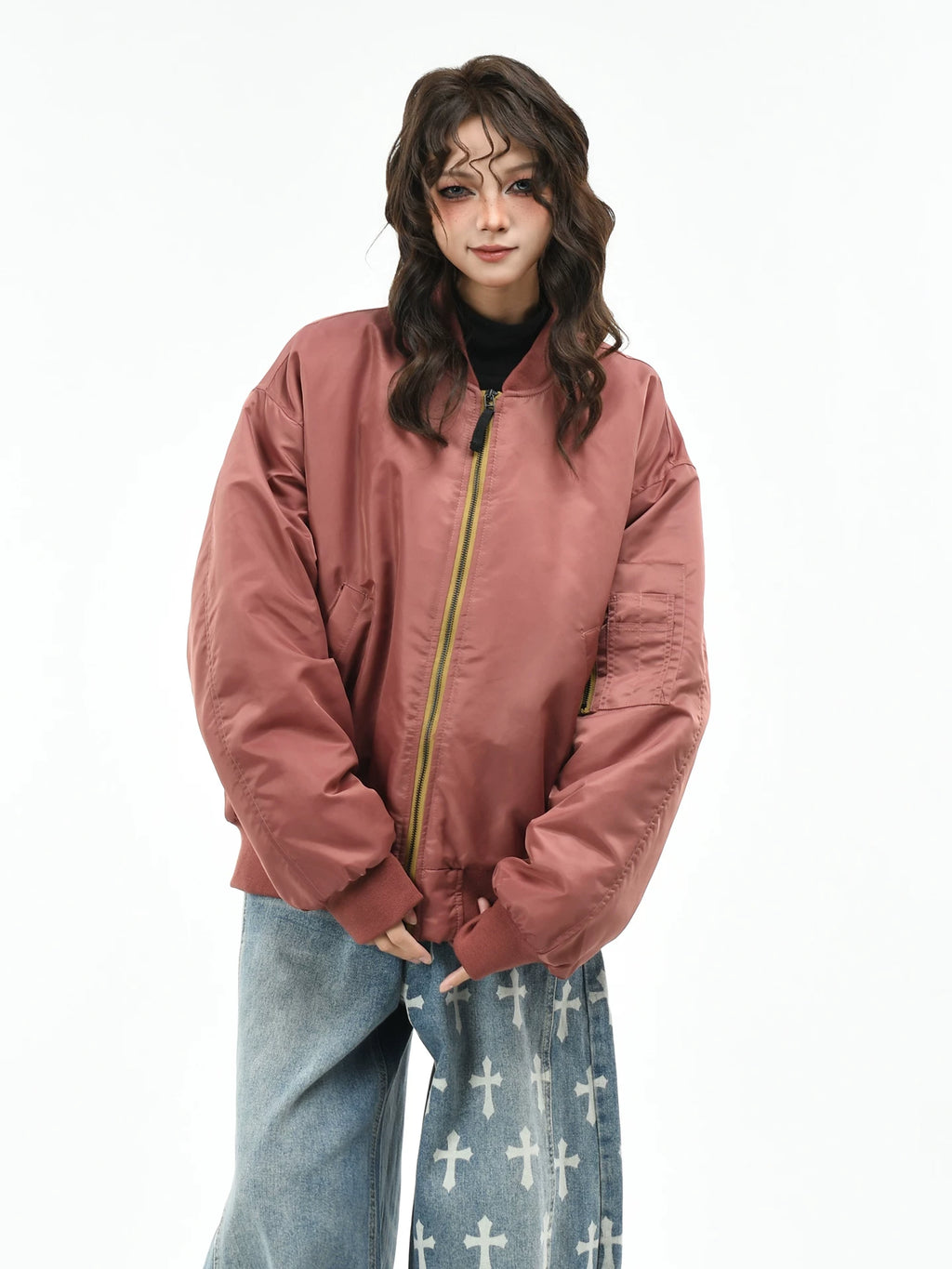 OV Original American Retro Pilot Baseball Jacket with Cotton Jacket for Women's Winter Loose Couple Warm Cotton Coat