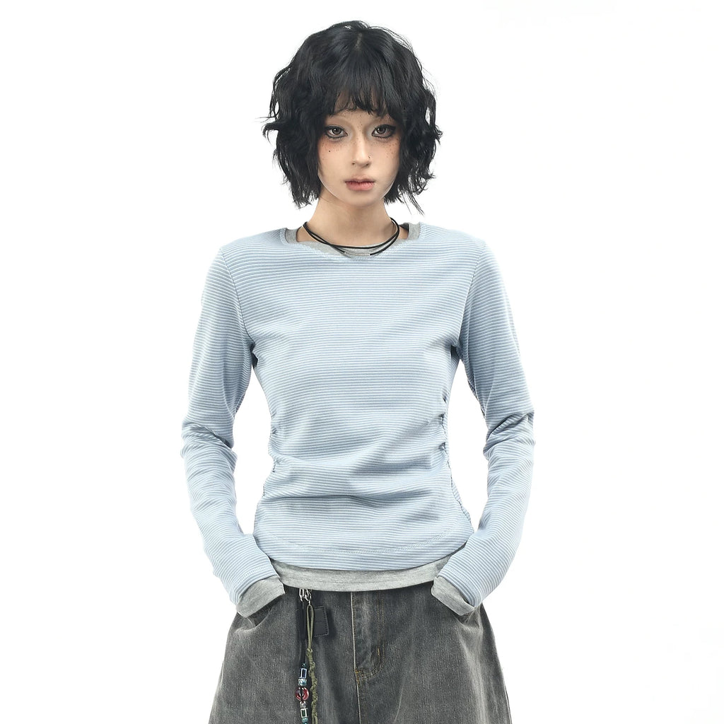 OV original/American retro fake two-piece striped long sleeved T-shirt for women in autumn, shoulder length short, waist cinching and slimming base shirt