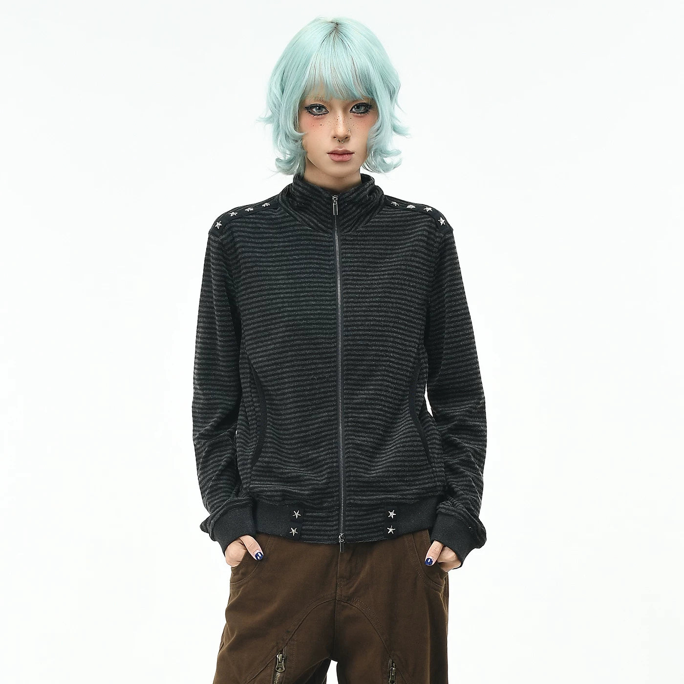 OV original light Asian punk style black gray striped stand up collar cardigan sweatshirt for women in autumn, rivet slim fit short jacket trend