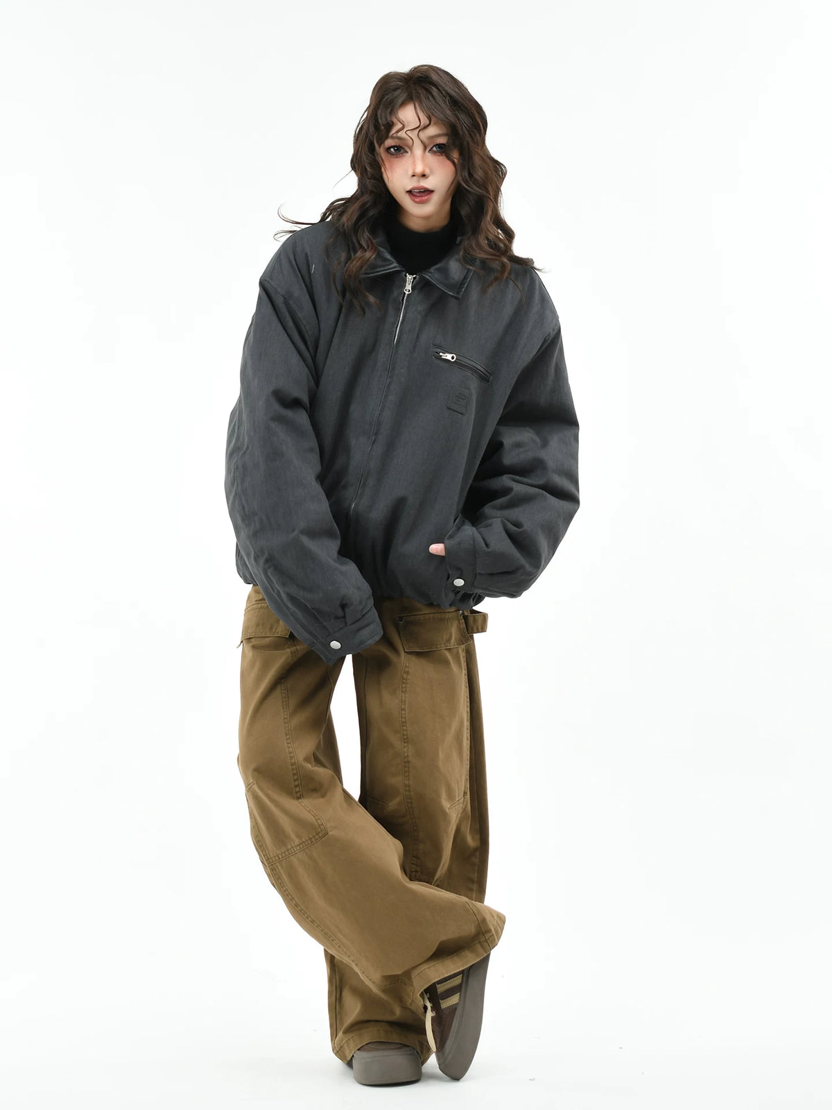 OV原创美式巴恩风皮领夹棉加厚外套女冬季宽松保暖复古棉衣棉服男