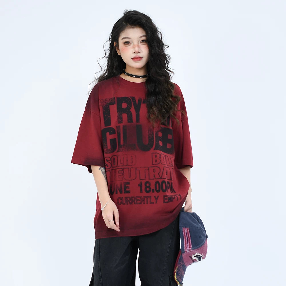 OV Original/Summer American Retro Letter Tie Dyeing for Old Wash Short Sleeve T-shirt for Men and Women Loose Half Sleeve Top Trendy