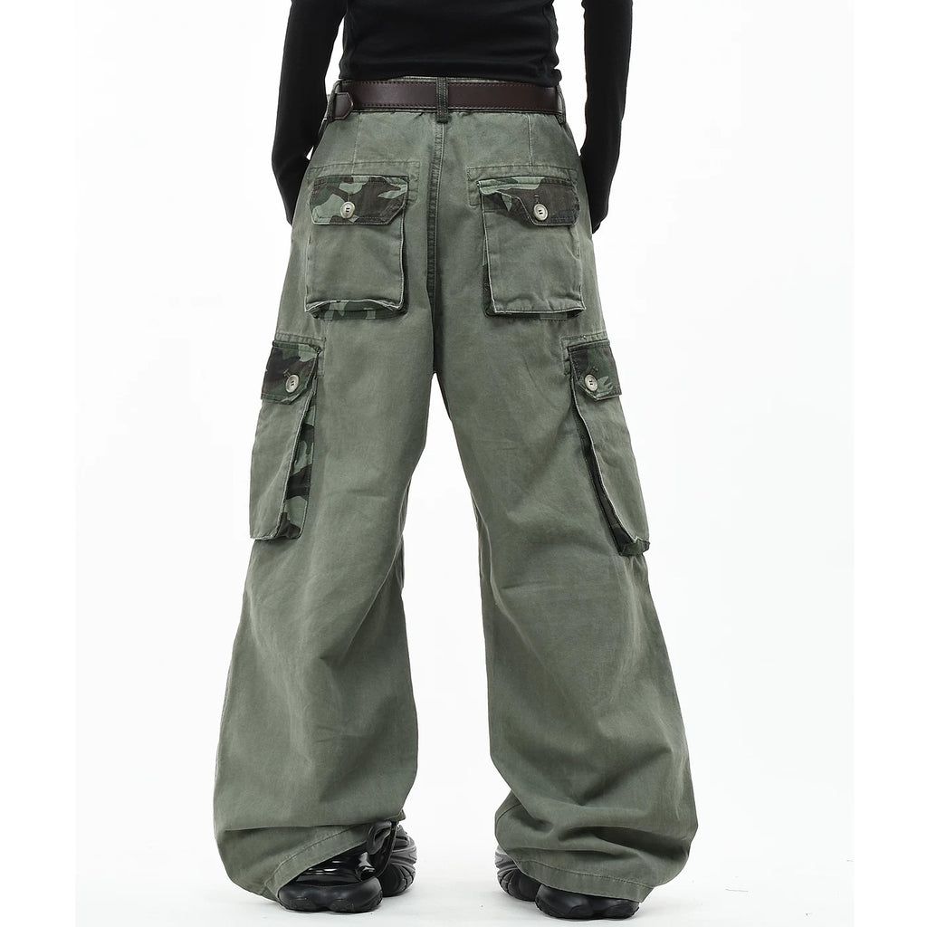 OV original American camouflage patchwork vintage washed casual pants for men and women, loose wide leg multi pocket pleated work pants